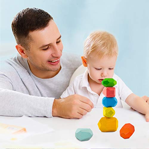16 Pcs Wooden Stone Balancing Blocks- Colorful Wood Stone Building Blocks Natural Rainbow Balancing Stacking Game Rock Blocks for Kids Educational Toys