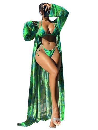 GORGLITTER Women's Three Piece Swimsuit Tropical Halter Bikini Set with Open Front Kimono