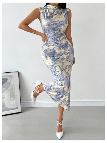 Milumia Women's Ruched Floral Sleeveless Bodycon Midi Dress Mock Neck Slit Thigh Dresses4