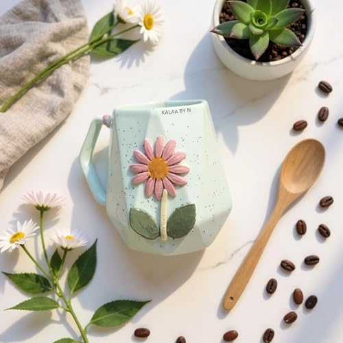 Image of Handmade Ceramic Mug 3D Daisy Flower Design Coffee Tea Cup 240 ml Gift for Coffee Lovers Kitchen Decor (Pink /Light Blue /Yellow /Grey) (Light Blue)