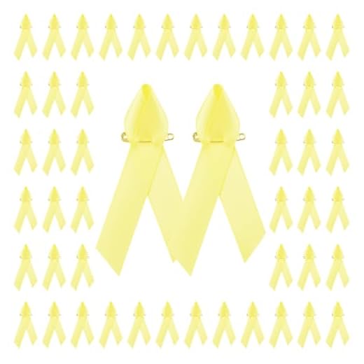 WANDIC 100 pines de satén con cinta amarilla para concienciación sobre el cáncer de vejiga y cáncer infantil, broche amarillo con pasadores de seguridad para hombres y mujeres, 7,5 x 4 cm