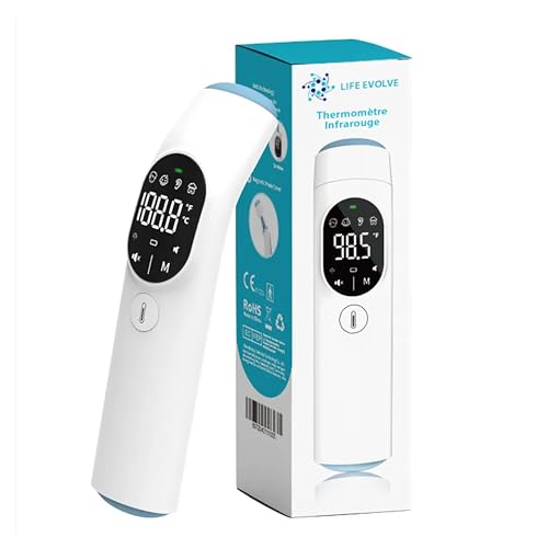 LIFE EVOLVE 20F Thermomètre médical infrarouge MULTIFONCTION 4 en 1: FRONTAL, AURICULAIRE pour tous les âges (bébé, enfant, adulte), mode MAISON pour...