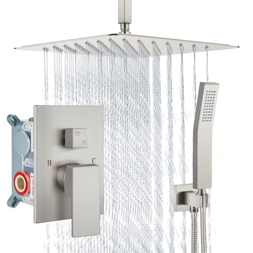 Aolemi Ceiling Mount Shower System, 16 Inch Rain Shower Head with Handheld Spray High Pressure Shower Faucet Set Rough-in Valve and Shower Trim Included Bathroom Brushed Nickel Square Knob