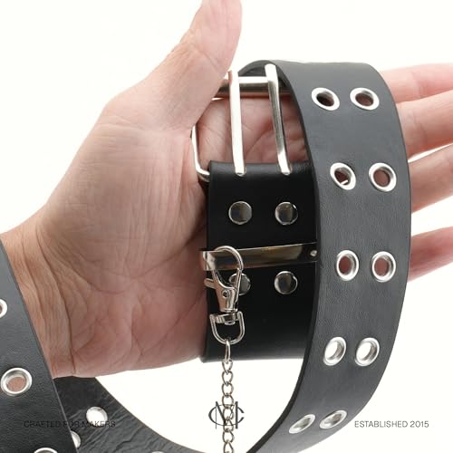 CRAFTMEMORE Punk Rock Grommet Belt, Black PU Leather, 41 inches, Metal Eyelets, Detachable Chain SPB22