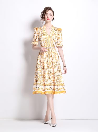 LAI MENG FIVE CATS Women's Button Up V-Neck Short Puff Sleeve Floral Print Split Casual Midi Dress2