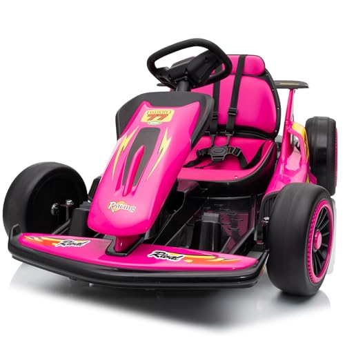 24V Electric Go Kart, Drift Car Outdoor Ride on Toy with EVA Tires, 400W Motor, 8.1 MPH, Music, Wireless, Drift Mode and 2 Speed, Crazy Go Cart for Kids 6-12 Years Old (Rose Red)