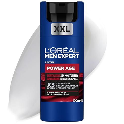 L'Oréal Crema hidratante para hombre, Antiarrugas y antienvejecimiento, Con ácido hialurónico hidratante para el envejecimiento, Para pieles secas y apagadas, Men Expert Power Age, 100ml