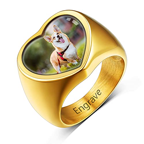 Custom4U Personalized Rings with Pictures Inside Custom Photo Ring Name Engraving Stainless Steel Signet Ring/Heart Ring Size 7-14 Customized Memorial Jewelry for Men Women (Gift Box) E-Hear
