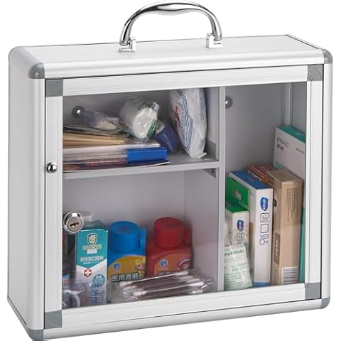 GODLONSEN Wall Mount Medicine Cabinet - 13.7L x 5.5W x 11.8H inch Medium, Locking Medicine Cabinet with Key, Portable Storage Container, Lock Box for Medication, Medicine Cabinet Family Use, Silver Cover