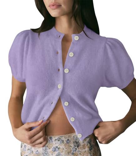Image of Womens Puff Short Sleeve Cardigan Sweaters Cropped Button up Lightweight Y2k Knit Summer Cardigans