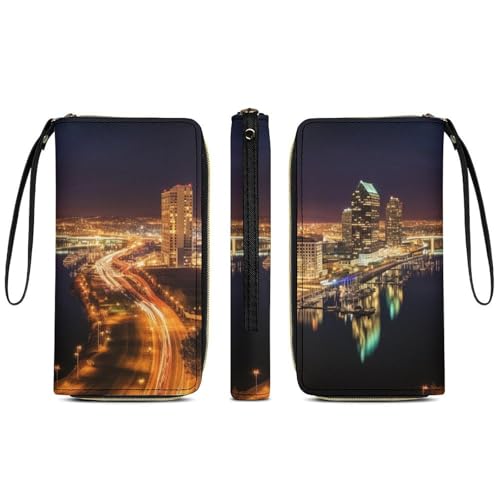 Portland at Night Print PU Leather Wristlet Wallet Slim Card Holder Organizer with Zipper Coin Pocket & Cash Slots for Women Men3