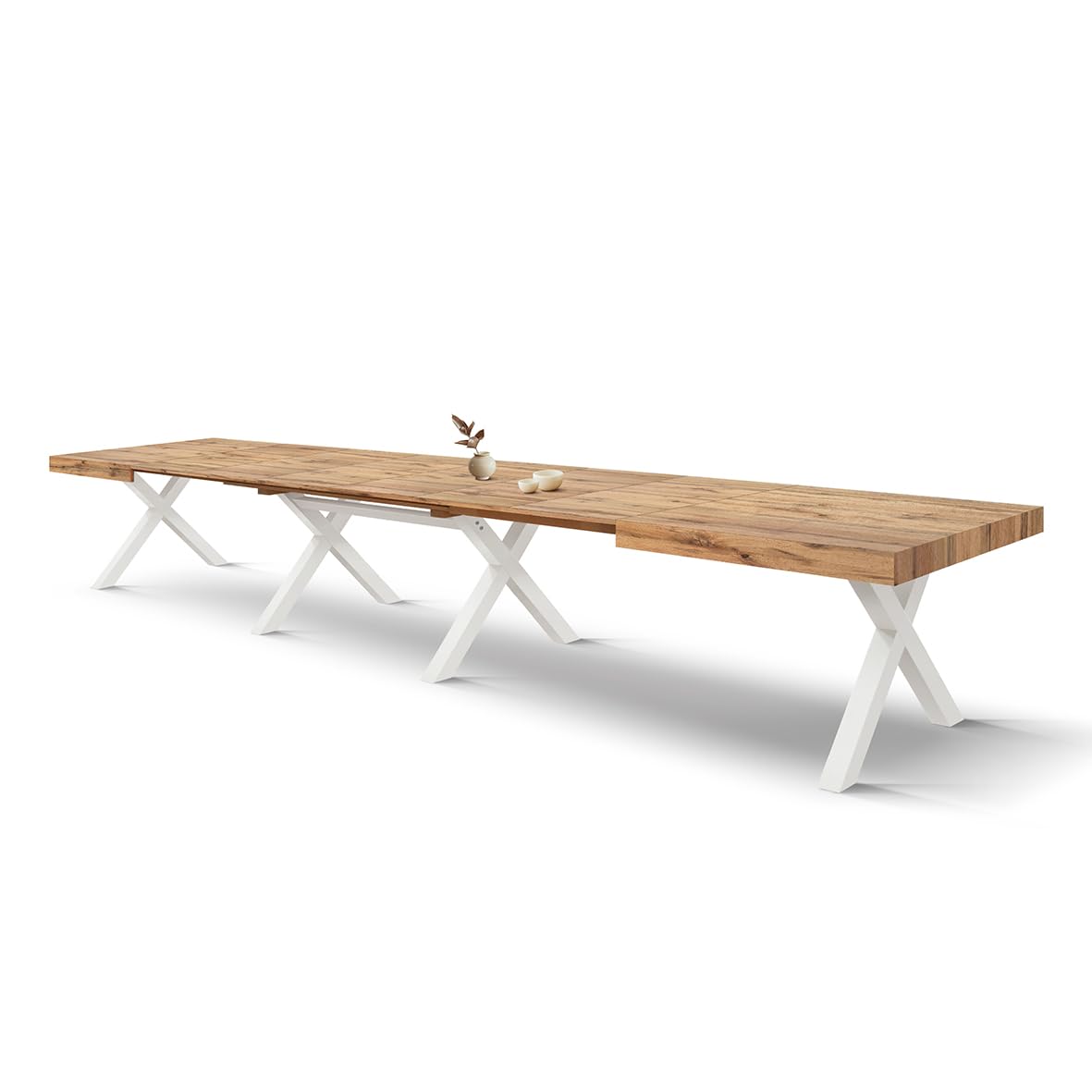 PAZZO DESIGN Roberta Ausziehtisch, Wohnzimmertisch, Küchentisch, rustikale Eiche, gekreuzte Beine weiß, 180 bis 480 cm, hergestellt in Italien, id_2407