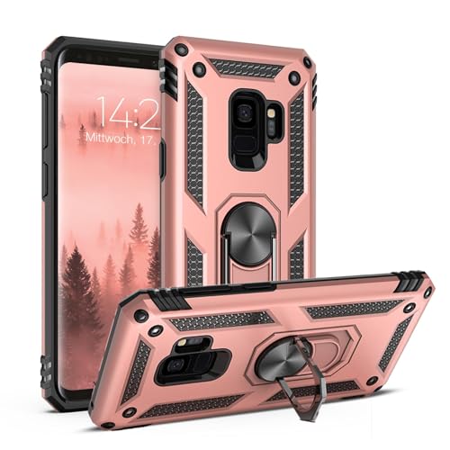 LBH Outdoor Hülle für Samsung Galaxy S9 Armor Militär Stoßfest Handyhülle 360 Grad Metal Ring Halter Ständer Schutzhülle für Handyhalterung Auto Magnet Rosegold
