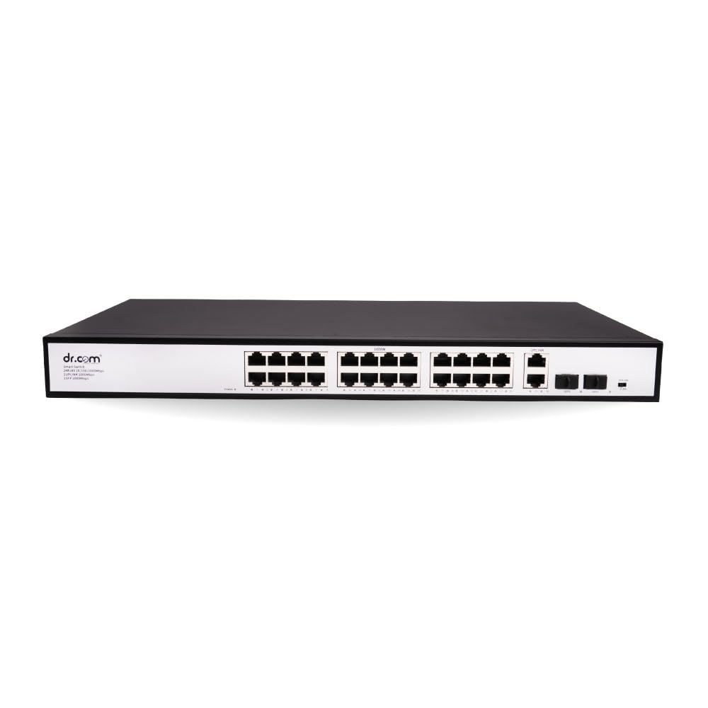 dr.com® 28 Port Gigabit PoE Switch with 24 PoE Ports 2 Uplink Ports and 2 SFP Slots 10/100/1000 Mbps 320W Power IEEE 802.3af/at Network Switch for CCTV IP Camera Rackmount Metal Body Black