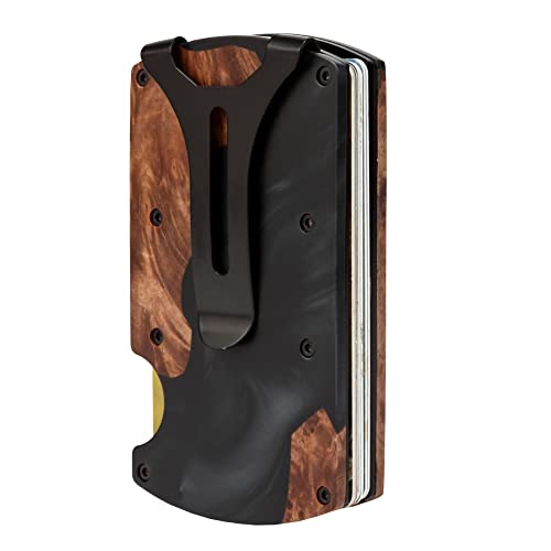 Image of Minimalist Wallet for Men, Slim Metal RFID Blocking Wallet Credit Card Holder Money Clip & Cash Strap, Scratch-Resistant Holds 15 Cards,Ideal Gift for Men | Resin Wood, Unique Pattern,Black
