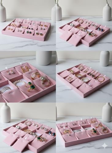Image of Velvet Jewellery Drawer Organizer Stackable Tray (Pink, 12-Pset)