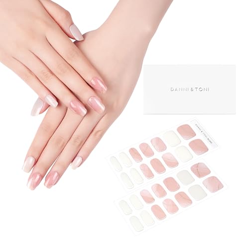 DANNI & TONI Semi Cured Gel Nail Strips Minimalist (Cherished Elegance) Nude and White Gel Nail Stickers Line Gel Nail Wraps Gift for Woman