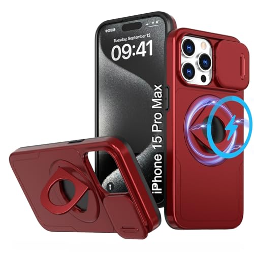 Image of LuxuryKase MagSafe Shockproof Rugged Back Case for iPhone 15 Pro Max | Finger Ring Kickstand & Sliding Camera Cover | Military Drop Protection | Wireless Charging Support - Red