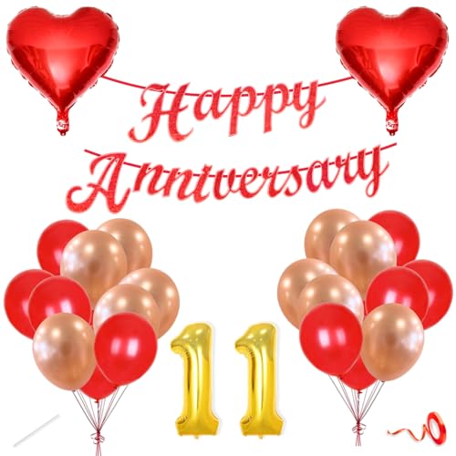 Image of Flyloons 11th Happy Anniversary Decoration Items Red Rose Gold for Men Women Husband Wife Mom Dad Parent Couple Home Bedroom Car With 20 Pcs Metallic Balloons Anniversary Banner 2 Pcs Heart Set Kit
