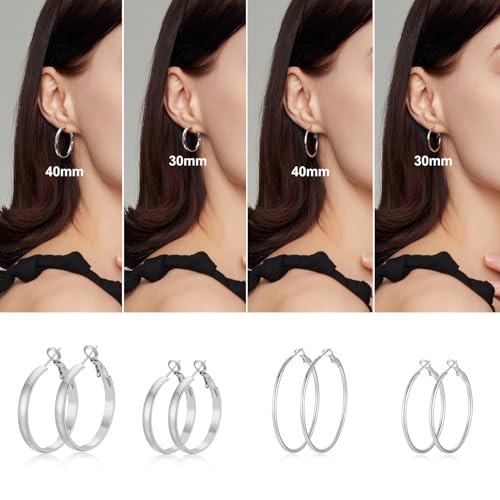 Image of 4 Pairs Silver Gold Hoop Earrings for Women | 14K Gold Plated Hoop Earrings Set Hypoallergenic Earring Lightweight Dangle Earrings Set