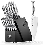 BRODARK Kitchen Knife Set with Block, 15-Piece Knife Block Set with Built-in Sharpener, High Carbon Stainless Steel Kitchen Knives Set for Kitchen, Shark Series