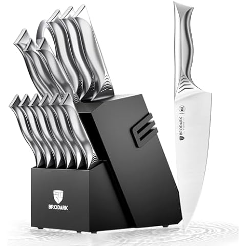 BRODARK Knife Set with Block, 15 Pieces Knife Block Set with Built-in Sharpener, One-Piece Stainless Steel Kitchen Knife Set, Razor Sharp Chef Knife Set, Shark Series Cover