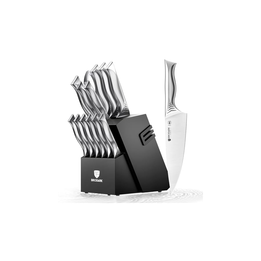 BRODARK Knife Set with Block, 15 Pieces Knife Block Set with Built-in Sharpener, One-Piece Stainless Steel Kitchen Knife Set, Razor Sharp Chef Knife Set, Shark Series