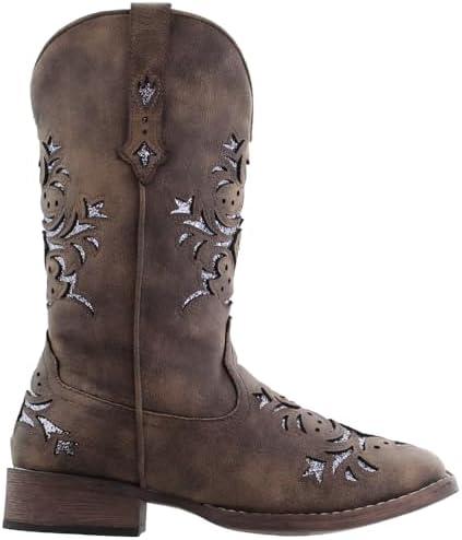 ROPER Womens Kennedy Glitter Tooled Inlay Square Toe Casual Boots Mid Calf Low Heel 1-2" - Brown - Size 10.5 B | Image 3