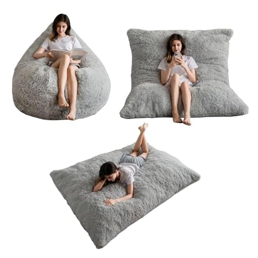 MAXYOYO Giant Bean Bag Bed - Square Bean Bag Chair - Large Sofa with long Faux Fur Cover and Fluffy Filling Included for Adult, Couples, Guest (Gray, Full)