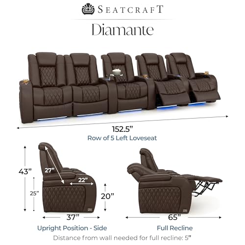 Image of Seatcraft Diamante Brown Italian Leather Home Theater Seating, Zero Gravity Power Recliner Gaming and Home Office Chair, Powered Headrest Lounge Sofa Furniture for Cinema Room, Row of 5 Left Loveseats