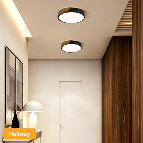 Vikaey Modern LED Ceiling Light, Brown Walnut Wood Flush Mount Ceiling Light Fixture, Dimmable 5CCT Minimalist Circle Lighting Lamp with Acrylic Lampshade for Bedroom Laundry Room Hallway 11.8" by Vikaey - Used condition - Image 6