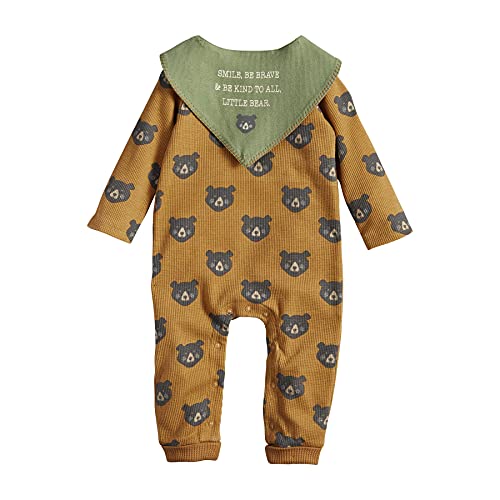 Mud Pie Baby Boys' Waffle Bear One Piece and Bib Set, Brown, 6-9 Months