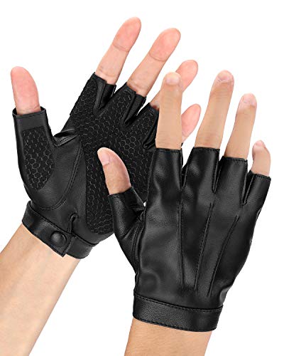 Fingerless Driving Gloves PU Faux Leather Outdoor Sport Black Half Finger Glove for Men Women Teens, Black, XL