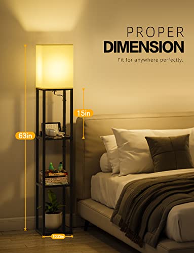Maxsure Floor Lamp Dimmable With Touch Control, 2 Usb Ports And 1 Power Outlet, Wood Standing Lamps With 11W Led Bulb, 3-Tiered Led Shelf Floor Lamps For Living Room, Bedroom(Black) #TOP5