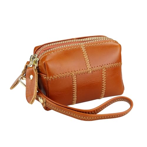 Women Leather Coin Purse Double Zipper Wallet Genuine Leather Mini Cash Wallet With Removable Wristlet Strap