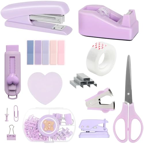 Set da scrivania viola per ufficio, kit completo di forniture per ufficio con organizer, include cucitrice, dispenser di...