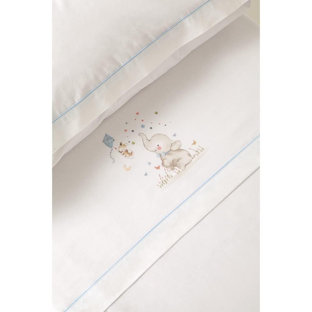 various Juego De Sábanas para Cuna 60 x 120 cm, Bebe Primavera y Otoño Tipo 100% Algodón Extrasuave Fafricado en España-INTERBABY(Bajera+encimera+Funda Almohada)-Elefante Blanco/Azul