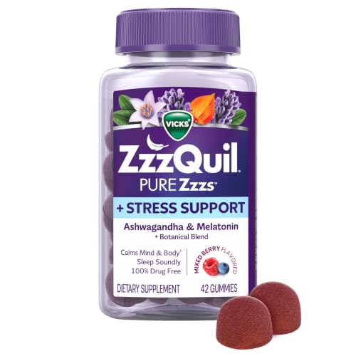 Vicks ZzzQuil Pure Zzzs Sleep+De Stress Melatonin Sleep Aid Gummies with Ashwagandha for Stress Support 42 gummies