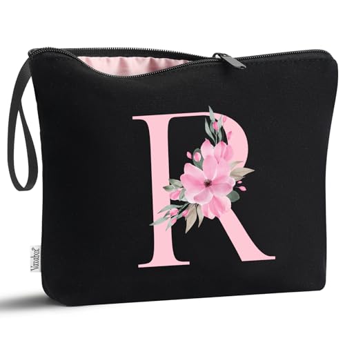 Image of Vavabox A-Z Personalized Makeup Bag, Birthday Gifts for Women Mom, Gifts for Best Friend, Bride Bridesmaid Cosmetic bag (R, 02-Black)