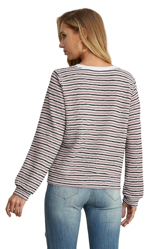 Image of Women's Mauve Casual Dressy Stirped Cardigan with Patch Pocket Sweaters Crew Neck Lady Lightweight Jacket 2024 Fall Winter Size XXL
