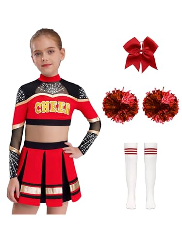 Costume animateur filles 7-8 ans avec haut court rouge jupe plissée et boules de fleurs de fête