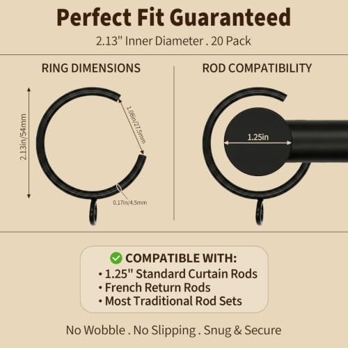 C-Shaped Bypass Curtain Rings w/Eyelets, 2" Heavy Duty Iron (Black) - 1