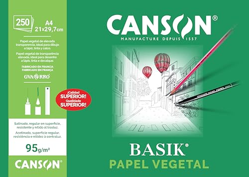 Canson Vegetal Basik, Papeles técnicos, Suave, 90g, Hoja, A4-21x29,7cm, Translucido
