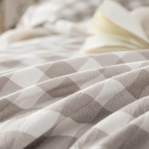Image of BESTOUCH Gingham Cotton Duvet Cover Set Linen Grey Queen | Washed Cotton, Linen Feel, Soft Wrinkle Texture, Hidden Zipper, 8 Ties, Breathable Lightweight Durable Comfy, 3 Pcs No Insert