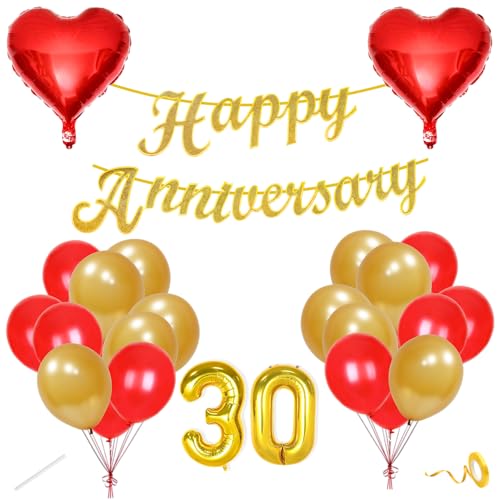 Image of Flyloons 30th Happy Anniversary Decoration Items Red Gold for Men Women Husband Wife Mom Dad Parent Couple Home Bedroom Car With 20 Pcs Metallic Balloons Anniversary Banner 2 Pcs Heart Set Kit