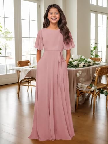 Junior Bridesmaid Dresses for Girl Chiffon Short Sleeve Bateau Neck Formal Party Gown A-Line Flower Girl Dress2