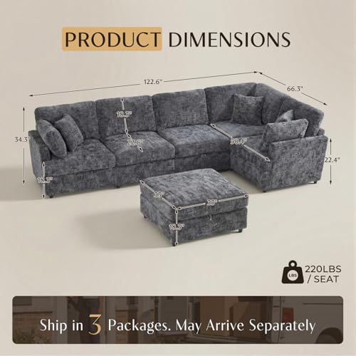 Image of 122.6 inch Chenille Modular Sectional 6 Seater Sofa, Deep Seat Couch with Ottoman & Removable Covers, Free Combination Modern Couch, L /U Shaped Modular Sectional Sofa, for Living Room, Apartment, Grey