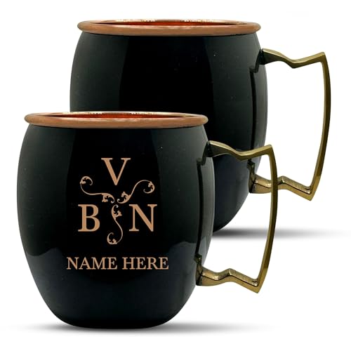 Custom 100% Copper Moscow Mule with Smooth Painted Finish - Engraved Bar Style Copper Cup with Personalized Triangular Vintage Elements Monogram Theme Engraving, Brass Handle | 18 oz, Black | Set of 2
