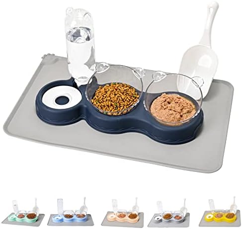 LKSTK Navy Blue Triple Cat Bowl with Waterproof Mat and Scoop, 15°Tilted Raised Cat Food Bowl, Pets Water and Food Bowl Set with Automatic Water Bottle, Wet and Dry Food Bowl for Cat & Small Dog