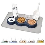 LKSTK Navy Blue Triple Cat Bowl with Waterproof Mat and Scoop, 15°Tilted Raised Cat Food Bowl, Pets